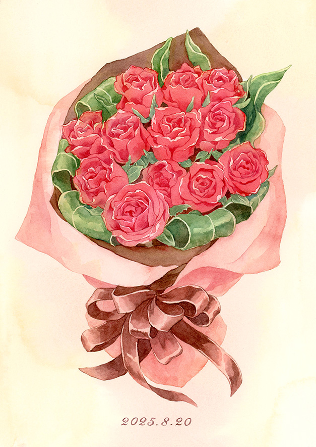 赤いバラのブーケの水彩画
