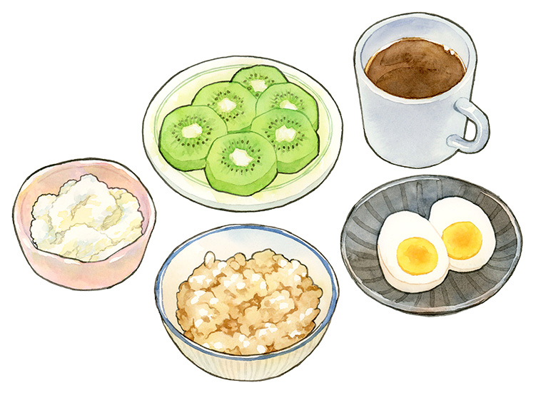 食事メニューの水彩イラスト。オートミール、ヨーグルト、ゆで卵、キウイ、コーヒー。