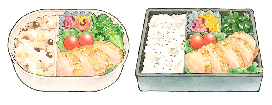 食事メニューの水彩イラスト。男性向けと女性向けのお弁当。