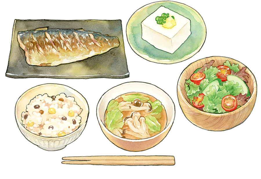 食事メニューの水彩イラスト。雑穀米、スープ、サラダ、冷奴、サバの塩焼き。