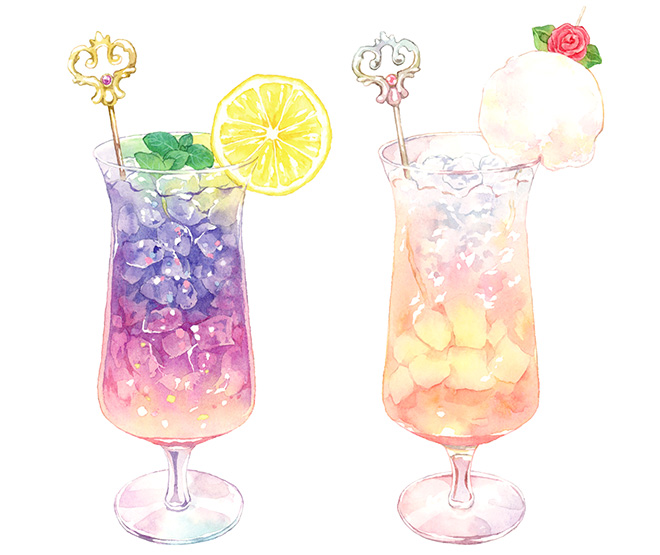 幻想的なカクテル2点の水彩イラスト