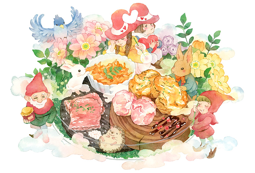 おとぎ話をイメージした前菜盛り合わせの水彩イラスト