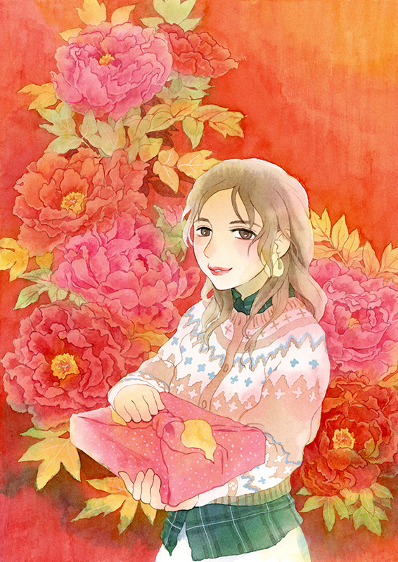 お歳暮を持った女性の水彩画
