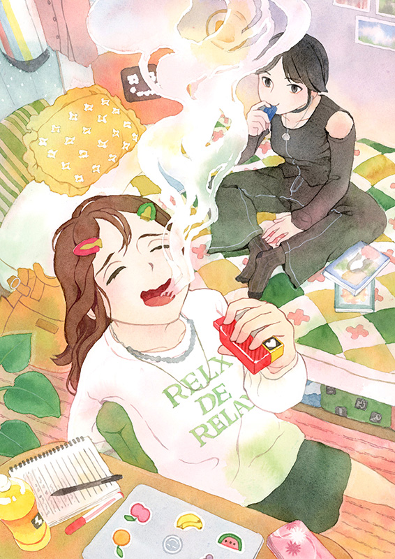 電子シーシャを吸う女友達の水彩イラスト